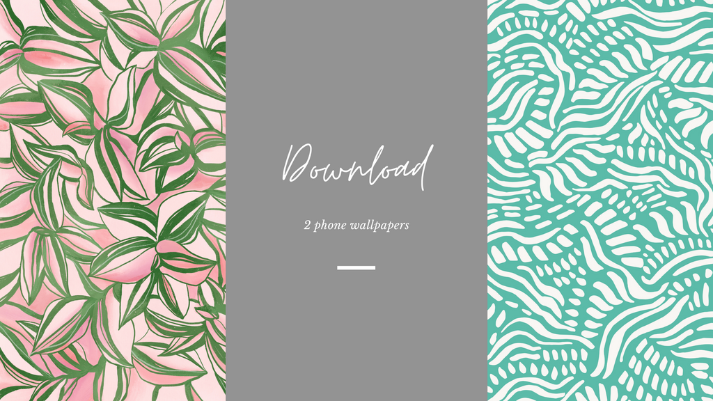 Two plant phone wallpapers: a pink and green Tradescantia leaf print and a teal abstract fern pattern