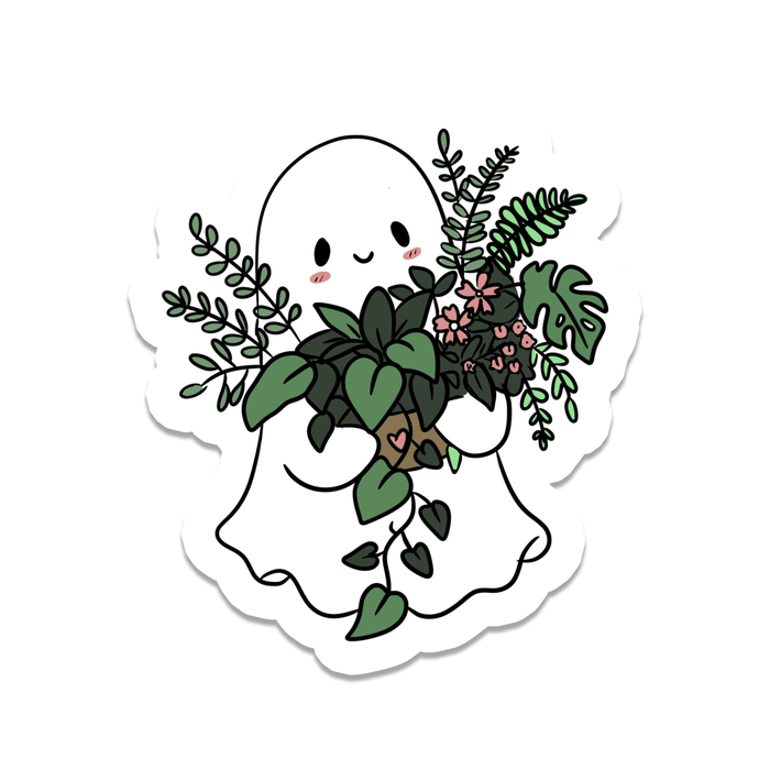Ghost holding an armful of plants sticker