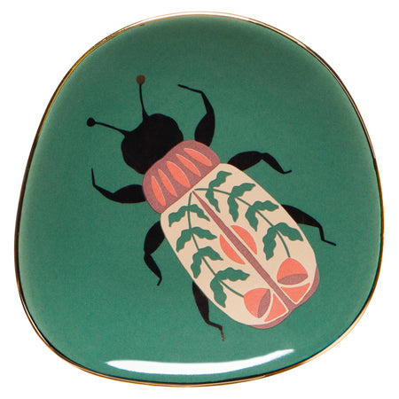 Green stoneware trinket tray with pink scarab beetle
