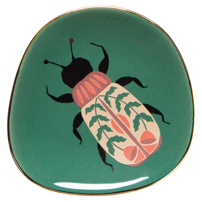 Green stoneware trinket tray with pink scarab beetle