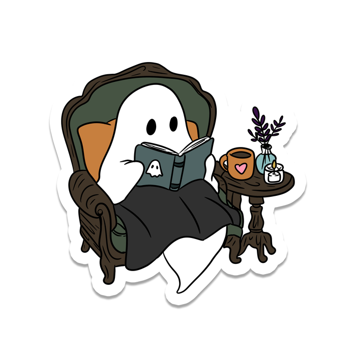 Ghost reading a book in an armchair sticker