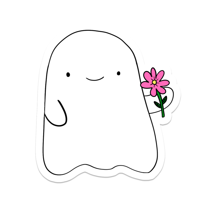 Cute ghost sticker holding a pink flower