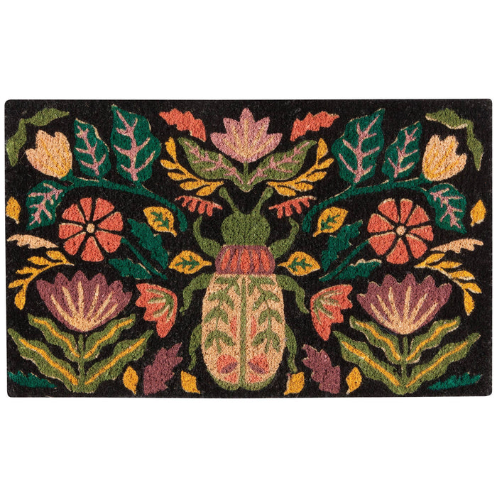 Black coir doormat with colourful amulet and botanical design