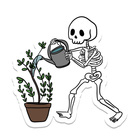 Skeleton watering potted plants sticker