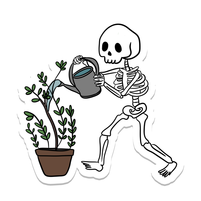 Skeleton watering potted plants sticker
