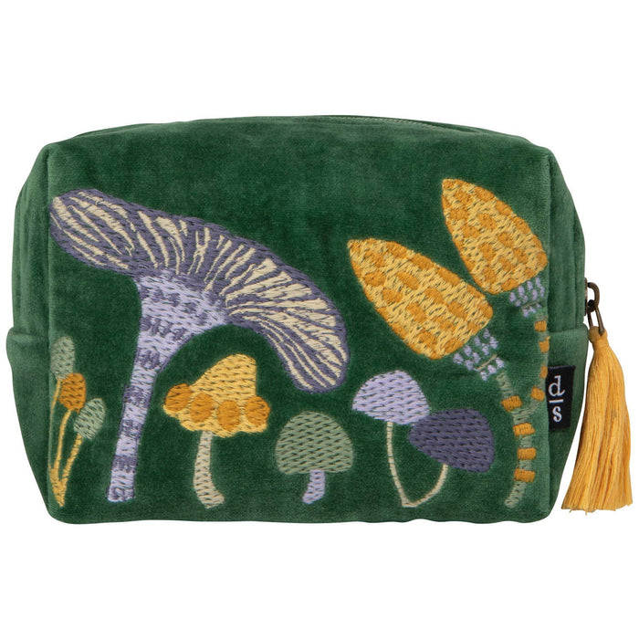 Green velvet pouch embroidered with mushrooms