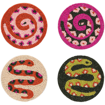 Set of four beaded coasters with snake designs