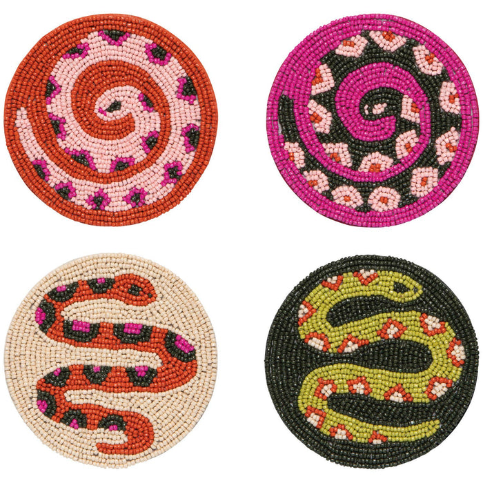 Set of four beaded coasters with snake designs