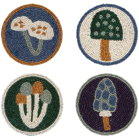 Set of four beaded coasters with mushroom designs