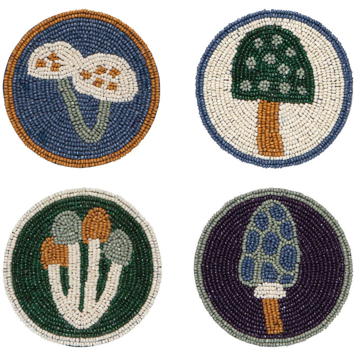 Set of four beaded coasters with mushroom designs