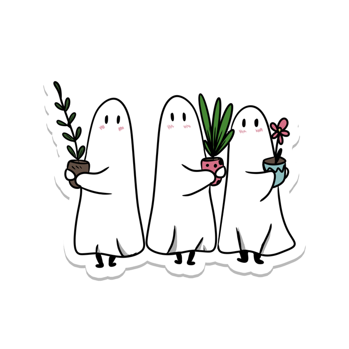 Three ghosts holding plants sticker