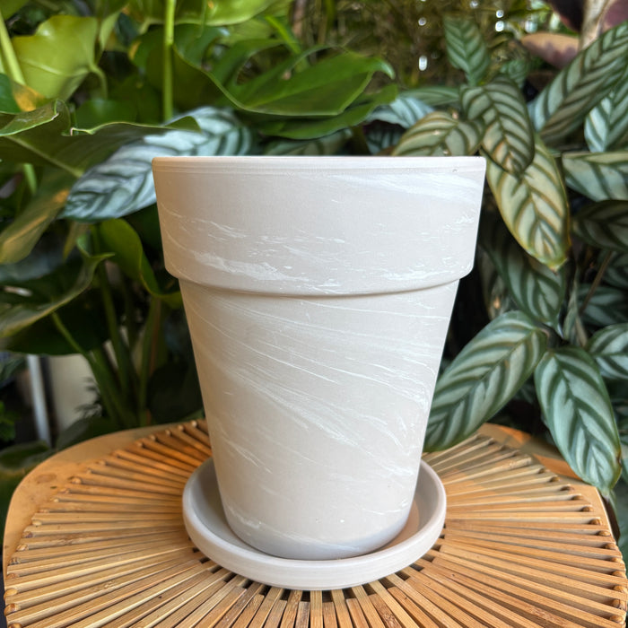 Tall Marble Terracotta Planter with Water Saucer