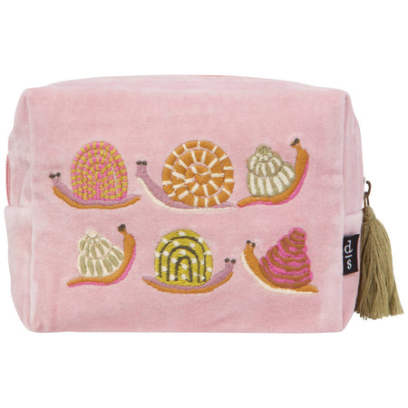 Pink velvet pouch embroidered with snails