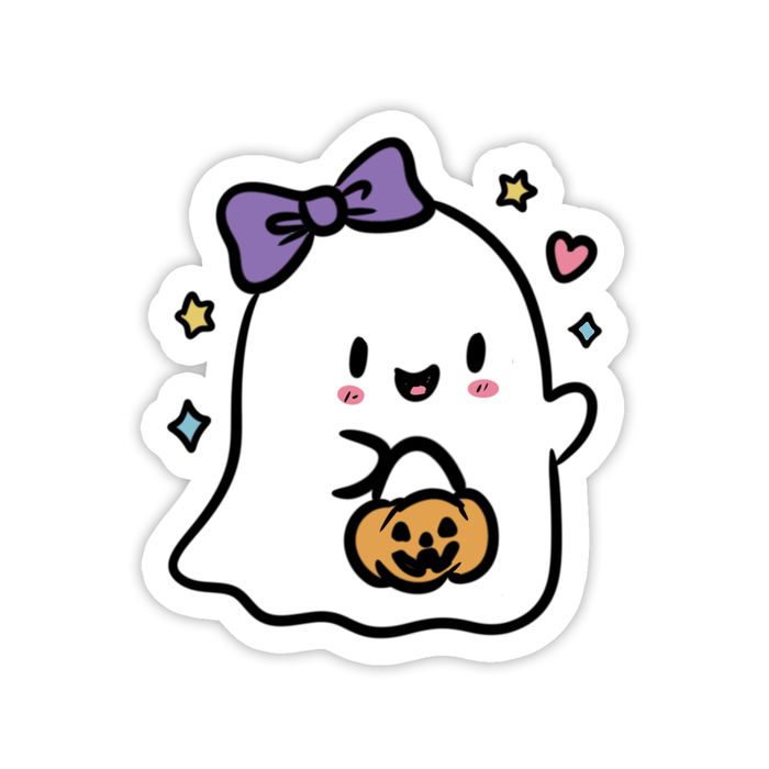 Ghost with a bow and pumpkin bucket sticker