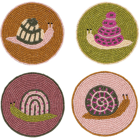 Set of four beaded coasters with snail designs