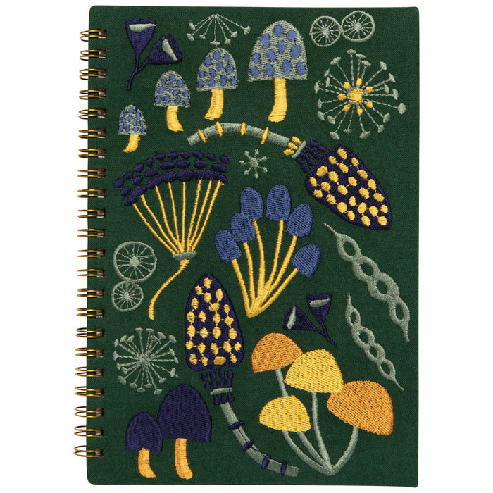 Green embroidered notebook with mushroom design